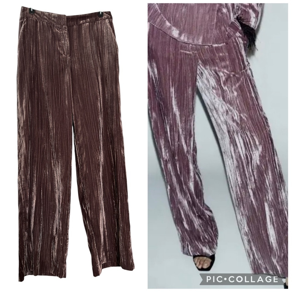 ZARA Luxurious Velvet Mauve Wide Leg Special Ocassions Pants Medium